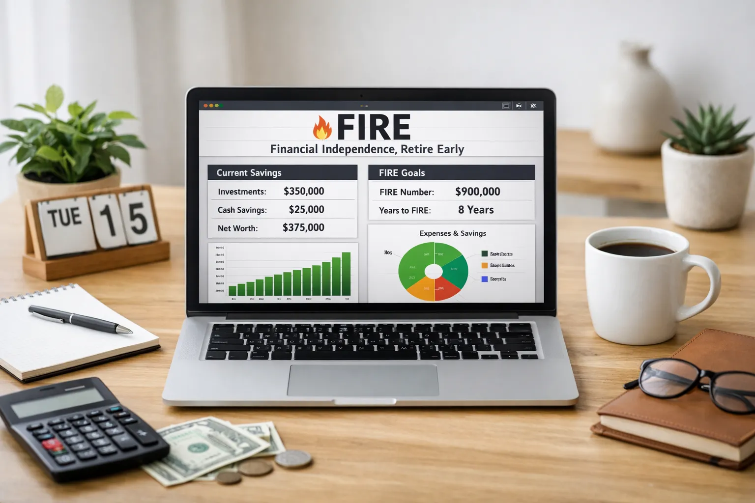 Laptop displaying a FIRE financial independence spreadsheet with savings goals and charts
